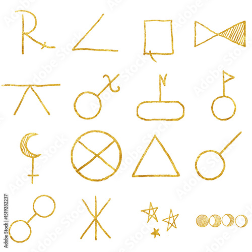 Golden astrological aspects. Watercolor illustration. Set of symbols of stars, Moon, Wheel of Fortune, Retrograde, Opposition, Lilith, isolated on white background. Theme of magic and esoterica