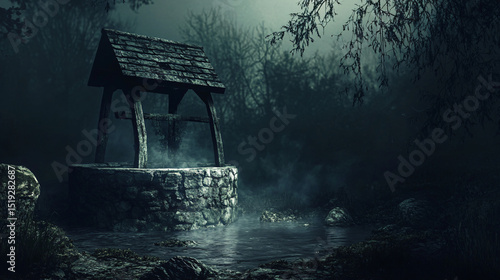 A sinister old well shrouded in darkness, surrounded by eerie whispering voices.