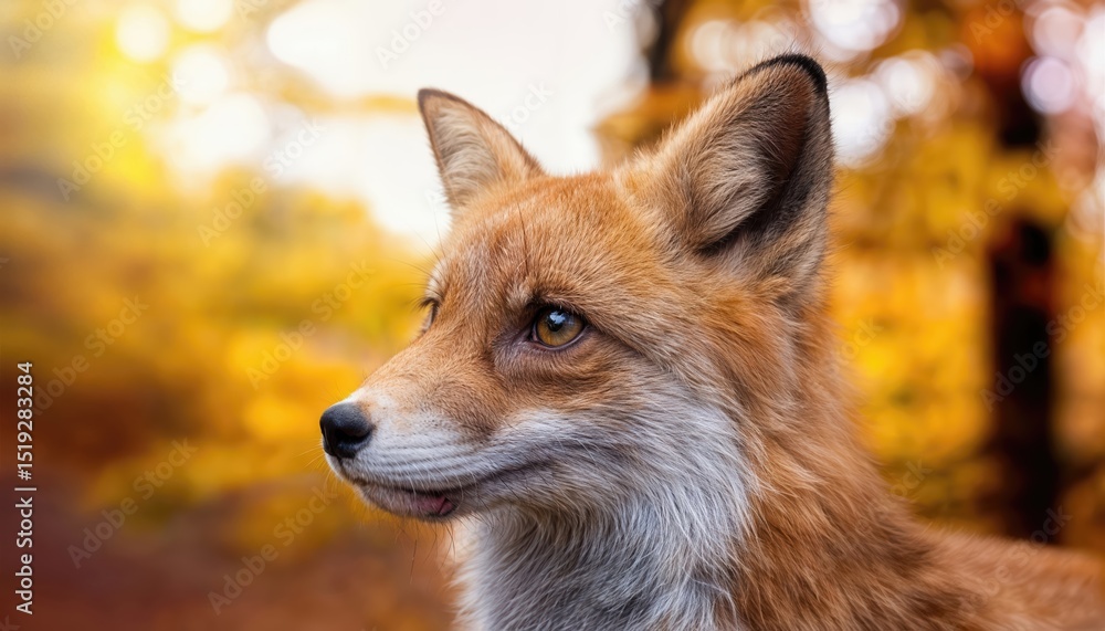 Fototapeta premium Cute Little Fox in an Autumn Forest Backdrop A Closer Look at the Captivating Charm of Autumn Hues, Textures, and Whimsical Playfulness.