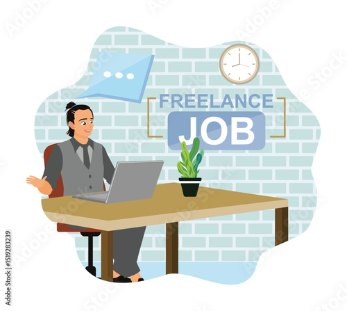 Freelancer working at home office desk with laptop in modern workspace.