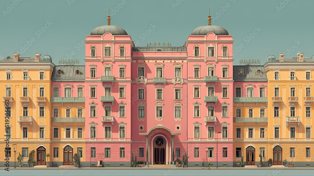 Obraz premium vintage-themed art showcase | eccentric order | structured calm | dusty pink and mustard | grid alignment | pink buildings | symmetry-driven layout | stage composition | fictitious European hotel |