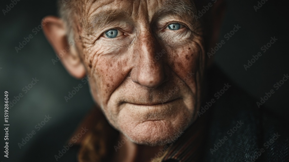 An elderly man with deep lines on his face looks directly at the viewer with striking blue eyes. The dramatic lighting enhances his features, reflecting a life rich in stories An elderly man with deep lines on his face looks directly at the viewer with striking blue eyes. The dramatic lighting enhances his features, reflecting a life rich in stories
