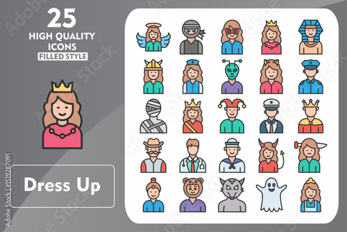 Dress Up Line Filled Icon Set. Incleded Icons Angel, Queen, Devil, Knife, Genie, Bear, Warewolf, Ghost, Maid, Ninja, Hero, Princess. Vector Icons Collection