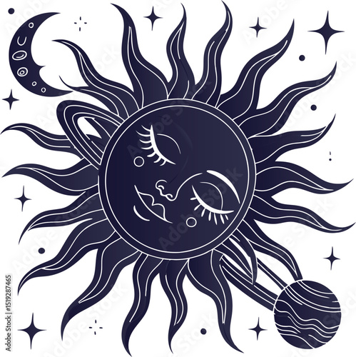 Abstract sun and moon vector illustration with a hot floral pattern and yellow spring sunlight design