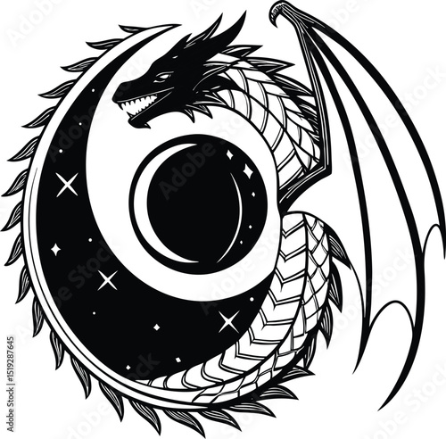 Black and white tribal dragon tattoo design vector illustration, a striking animal symbol art silhouette