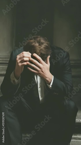 Frustrated, stressed businessman sitting on concrete steps with hands on head in dark mood, concept for failure, problems and depression