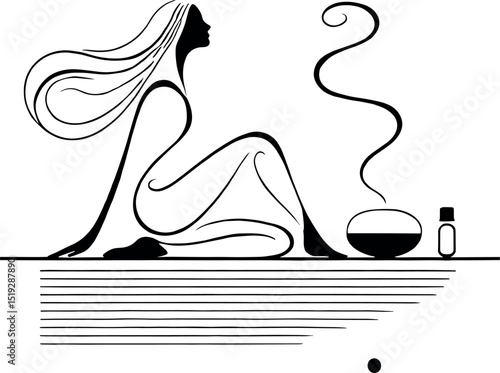Black-and-white minimalist illustration of a woman with loose hair sitting on a bed beside an aromatherapy set, featuring an elegant oil drop silhouette symbolizing wellness and calm.
