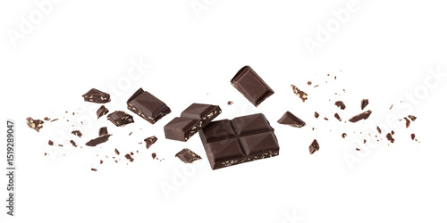 Broken organic dark chocolate bar infused crushed seeds with crumbs flying falling isolated on white background. Vegan bitter chocolate pieces.