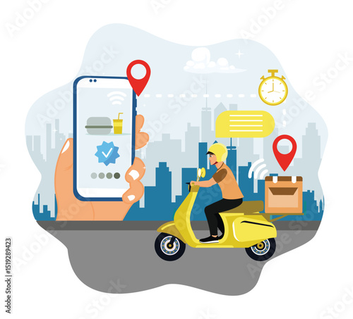 Couriers ride motorbikes and track food delivery addresses on mobile phones.