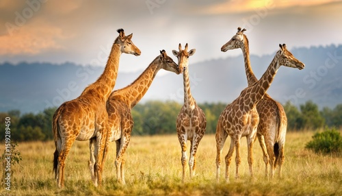 Giraffes Grazing in Summer Nature A Captivating Scene of Giraffa camelopardalis reticulata Amidst Lush Savannah Landscape at Golden Hour