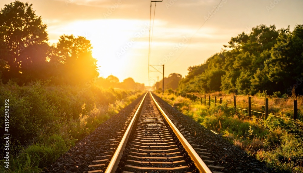 Obraz premium Golden Hour Railroad Tracks: A Journey into the Sunset