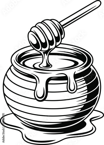"Vector Silhouette of Honey Pot with Dripping Honey"
