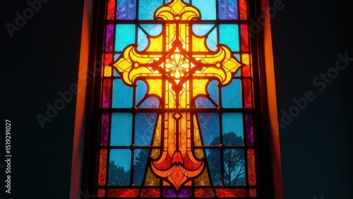 Stained glass window with a cross in the center. The colors are bright