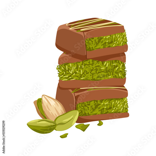 Vector illustration of Dubai chocolate candy with pistachio paste and kataifi dough. Hand drawn sweets with milk chocolate for confectionery packaging, menu, catalog spreads, product cards