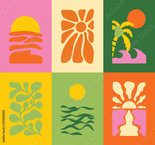 Abstract summer botanical doodle background art vector set. Hand drawn flower, leaves, sea wave, coconut tree, sun. Design for print, wallpaper, clipart, wall art for home decoration.