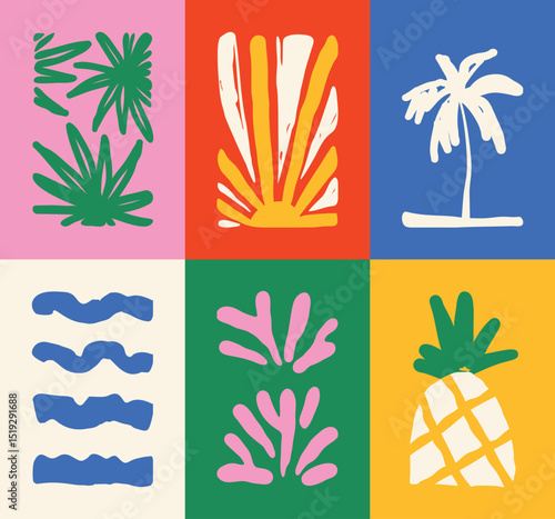 Abstract summer botanical doodle background art vector set. Hand drawn sea wave, coconut tree, sun, pineapple. Design for print, wallpaper, clipart, wall art for home decoration.