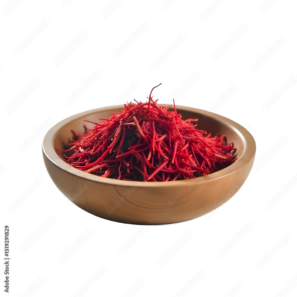 Fototapeta premium A wooden bowl filled with saffron threads, the threads are a vibrant red color, the bowl is sitting on a png background