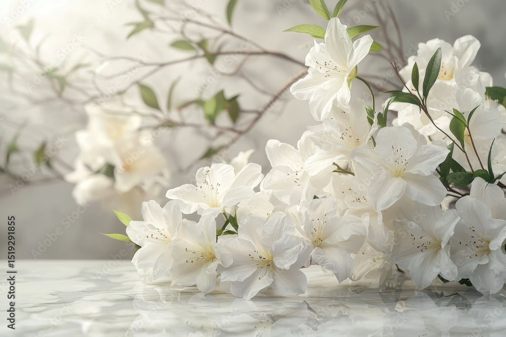 Fototapeta premium Elegant White Azalea Blooms on Marble with Bokeh Background bokeh petals bloom floral arrangement