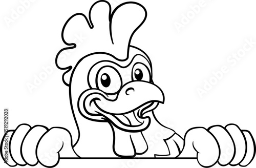 A chicken cartoon rooster cockerel bird mascot peeking over a sign with copyspace