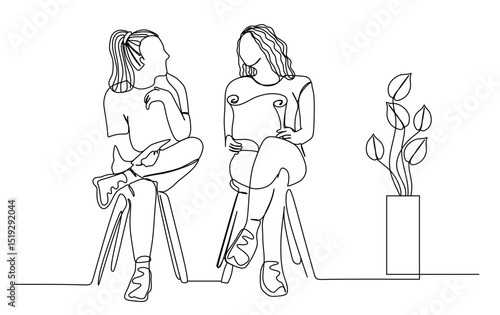 continuous line art of two women sitting on chairs talking about their work. there are flowers beside them. vector illustration transparent background