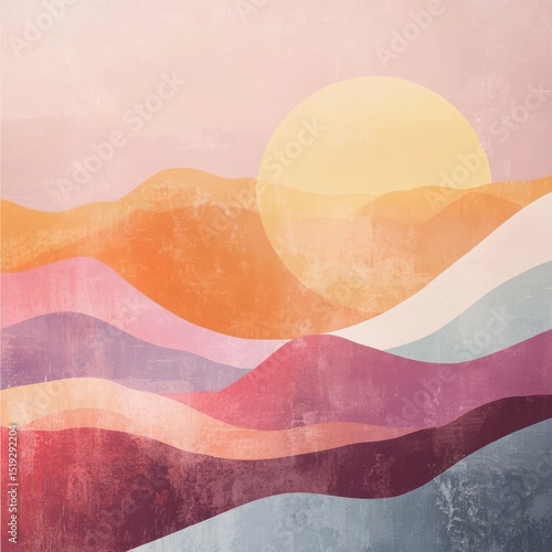 Abstract Landscape Painting of Mountains and Sun with Pastel Colors and Texture