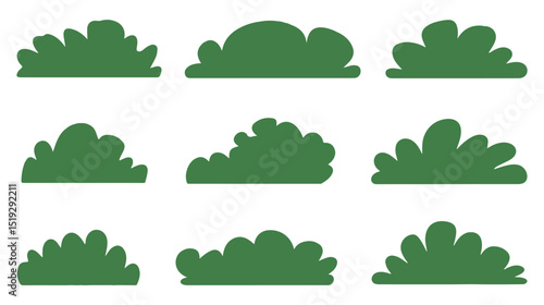 Green bush and shrub silhouette set on a clean white background