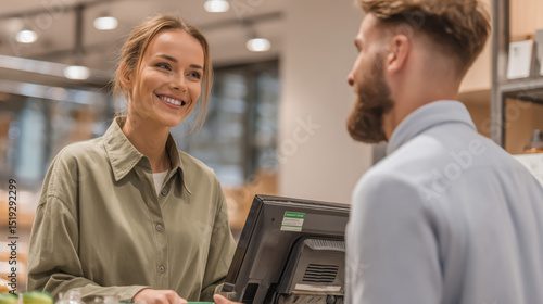 A cheerful young female cashier with a friendly expression assists a male customer with a beard at the checkout counter in a bright, modern grocery store setting.