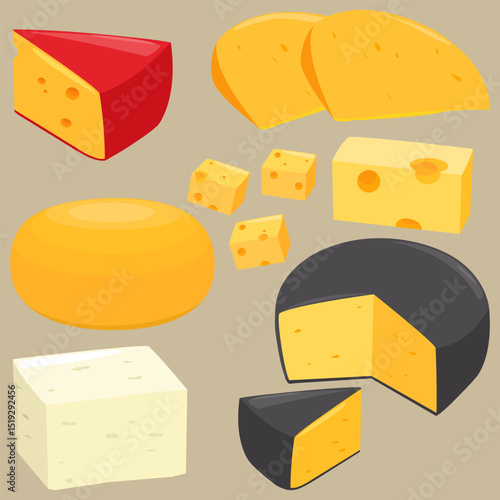 Set of dairy products, cheese sliced in pieces. Various types of cheese, blue cheese, emmental, gouda, cheddar, parmesan, brie or Swiss cheese. Vector illustration set