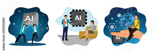People use AI, engineers explain artificial intelligence, people study AI using computers.