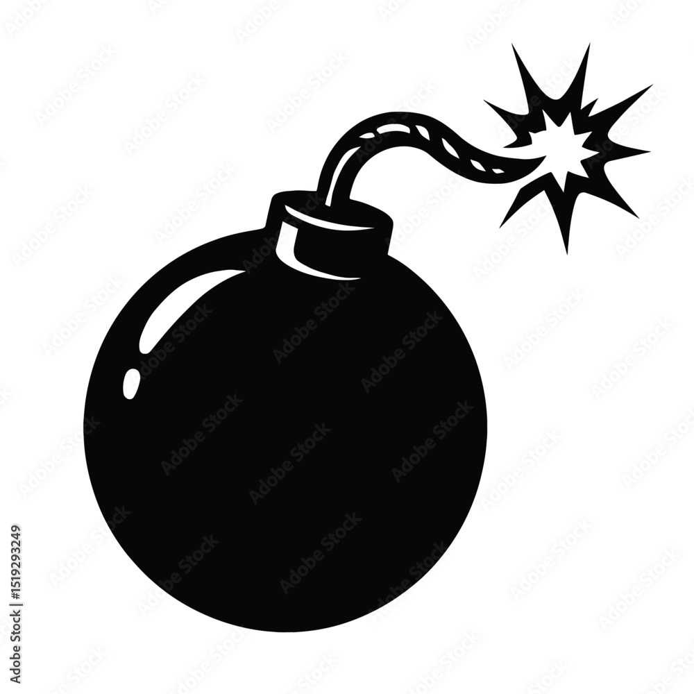 Black and White Vector Outline of a Classic Round Bomb with Lit Fuse Black and White Vector Outline of a Classic Round Bomb with Lit Fuse
