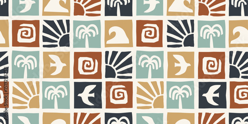 Surf seamless pattern in retro colorway. Bold graphic elements, palm trees, waves, sun, surfboards. 