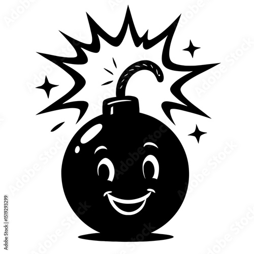 Black and White Cartoon Bomb with Happy Face and Lit Fuse Explosion Effect Vector