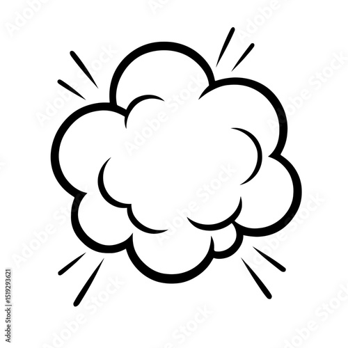Versatile black and white vector graphic of a comic book style puff cloud with radiating lines. Ideal for representing impacts, sudden appearances, smoke, or speech effects.