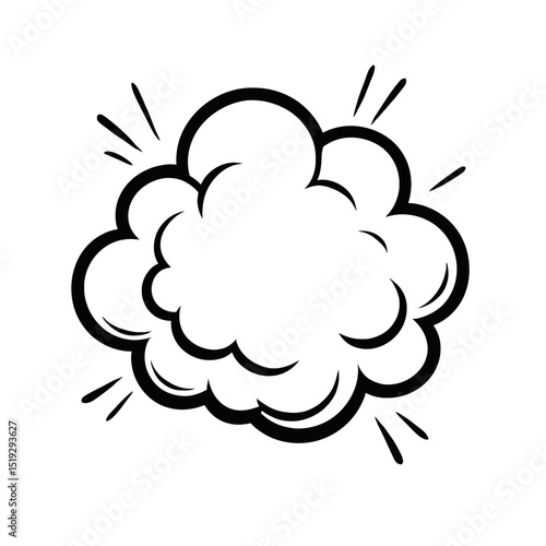 Simple black and white vector graphic of a comic book style puff cloud with radiating lines. Ideal for representing subtle impacts, small explosions, smoke, or sudden appearances.