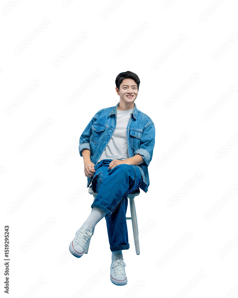 Naklejka premium Full body image of young asian man sitting on chair and posing on PNG background