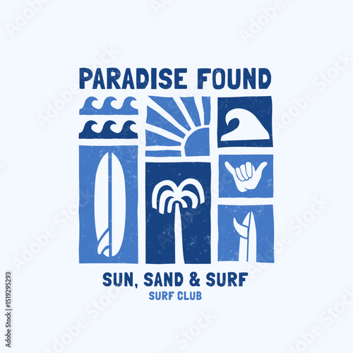 Vector graphic with waves, shaka sign, sun, surfboard, sun and palm tree. Perfect for t-shirt print, posters, and stickers.