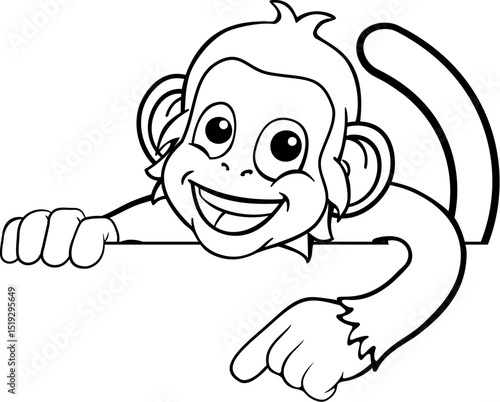 A monkey cartoon character animal peeking over a sign and pointing at it