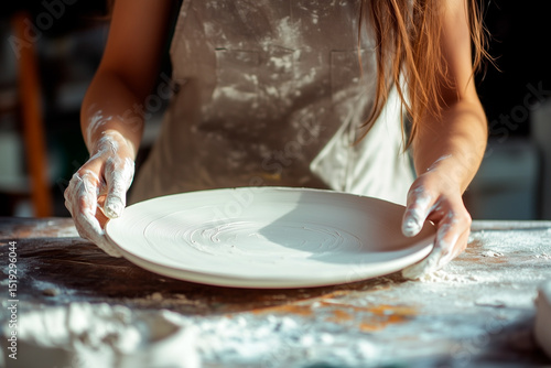 Female craftsman in apron making plate from white clay, work table, bright workshop