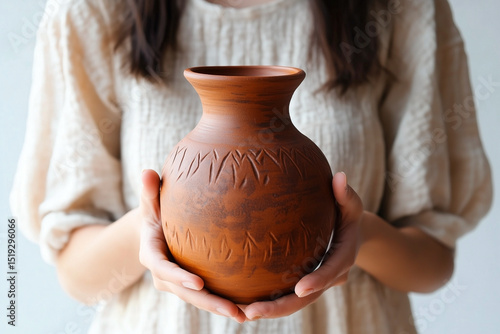 A woman in a light dress holds a clay jug with a pattern
