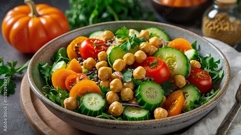 Healthy vegetarian salad. Lentil, chickpea, carrot, pumpkin, tomatoes and cucumber. Healthy vegetarian salad. Lentil, chickpea, carrot, pumpkin, tomatoes and cucumber.
