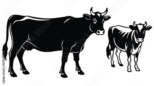 Black and White Illustration of a Cow and Calf Standing Together