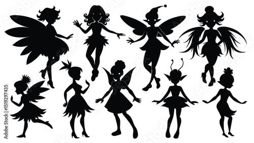 Collection of Fairy Silhouettes with Various Wing and Clothing Styles on White