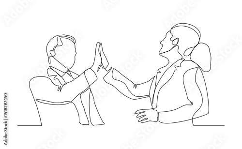 Continuous line drawing of two people clapping high five gesture. Business teamwork success sketch art editable stroke vector illustration