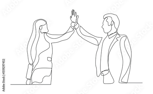 Continuous line drawing of two people clapping high five gesture. Business teamwork success sketch art editable stroke vector illustration
