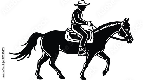 Black and white silhouette of a cowboy riding a horse gracefully