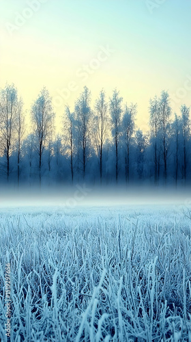 Snowy Frozen Field With Pine Trees At Sunrise