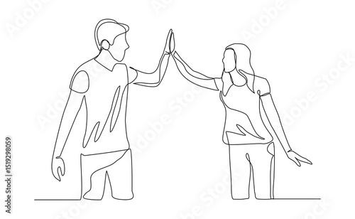 Continuous line drawing of two people clapping high five gesture. Business teamwork success sketch art editable stroke vector illustration