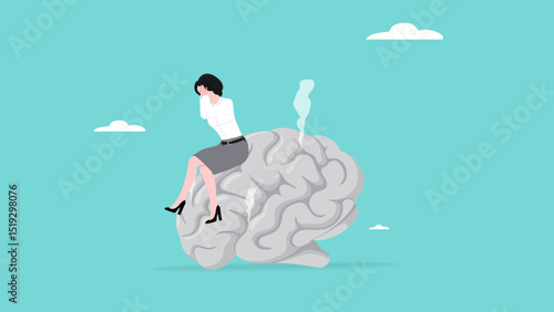 stressed businesswoman sitting on a damaged or dead brain, broken brain concept, brain damage caused by pornography or PMO