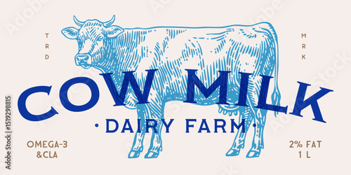 Cow, milk, dairy. Milk tag label design, dairy shop cow template, vintage style print. Pencil ink sketch cow drawing, retro dairy text, classic typography, farm milk branding. Vector Illustration