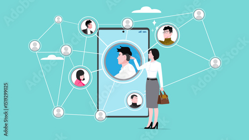 businesswoman communicate using smartphones, business online communication with partners, web conference concept, internet teleconference illustration, remote work or freelance concept illustration